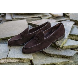 Yanko saddle Belgian loafer dark brown reverse kudu suede | Skolyx