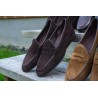 Yanko saddle Belgian loafer dark brown reverse kudu suede | Skolyx