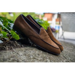 Yanko saddle Belgian loafer medium brown reverse kudu suede | Skolyx