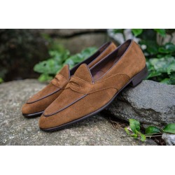 Yanko saddle Belgian loafer medium brown reverse kudu suede | Skolyx