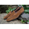 Yanko saddle Belgian loafer medium brown reverse kudu suede | Skolyx