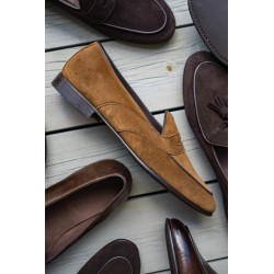 Yanko saddle Belgian loafer medium brown reverse kudu suede | Skolyx