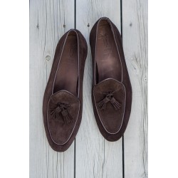 Yanko tassel Belgian loafer dark brown reverse kudu suede | Skolyx