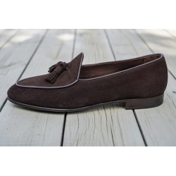 Yanko tassel Belgian loafer dark brown reverse kudu suede | Skolyx