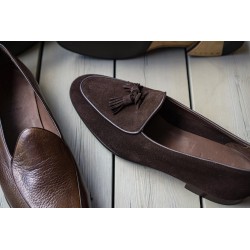 Yanko tassel Belgian loafer dark brown reverse kudu suede | Skolyx