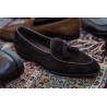 Yanko tassel Belgian loafer dark brown reverse kudu suede | Skolyx