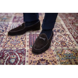 Yanko bow Belgian loafer dark brown reverse kudu suede | Skolyx