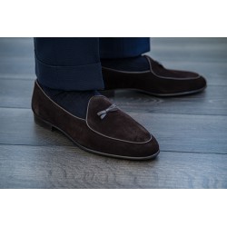 Yanko bow Belgian loafer dark brown reverse kudu suede | Skolyx