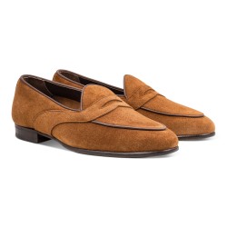 Yanko saddle Belgian loafer medium brown reverse kudu suede | Skolyx