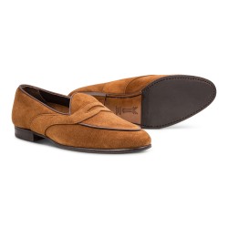 Yanko saddle Belgian loafer medium brown reverse kudu suede | Skolyx