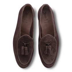 Yanko tassel Belgian loafer dark brown reverse kudu suede | Skolyx