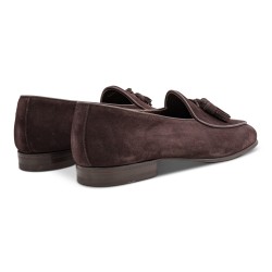 Yanko tassel Belgian loafer dark brown reverse kudu suede | Skolyx