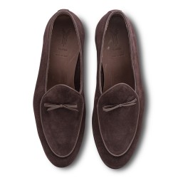 Yanko bow Belgian loafer dark brown reverse kudu suede | Skolyx