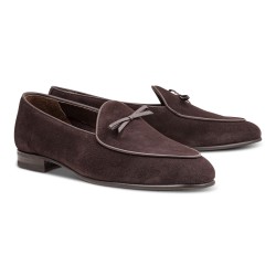 Yanko bow Belgian loafer dark brown reverse kudu suede | Skolyx