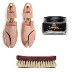 Engraved cedar shoe trees, Saphir Pommadier Shoe Cream and shoe brush | Skolyx