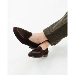 Yanko saddle Belgian loafer dark brown reverse kudu suede | Skolyx