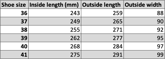 Women's shoe size chart